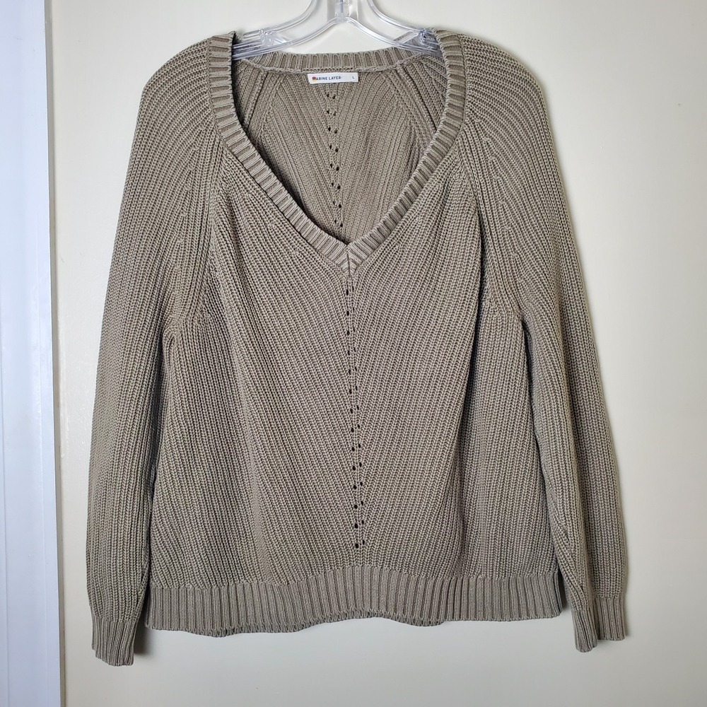 Marine Layer Ezra V Neck Chunky Sweater Womens Large Olive Green Cotton Ribbed